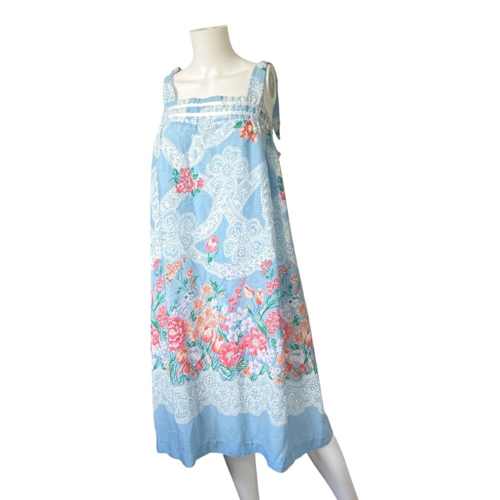Vintage Blue Floral Sun Dress Tie Sleeve Smocked Lightweight Bloomcore